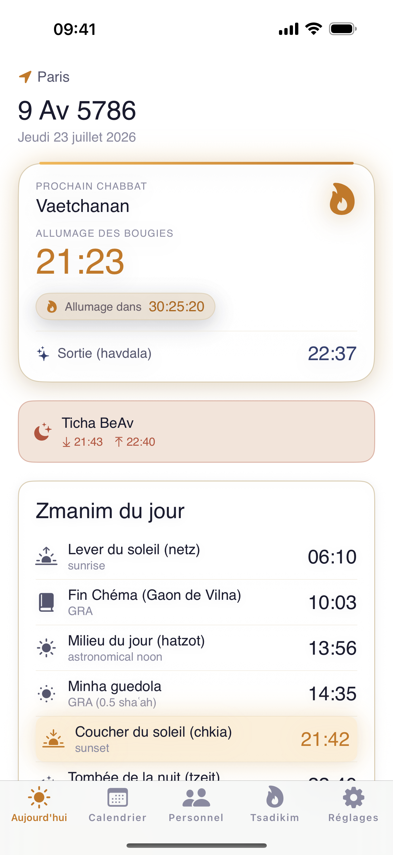 Aujourd’hui — zmanim du jour & date hébraïque