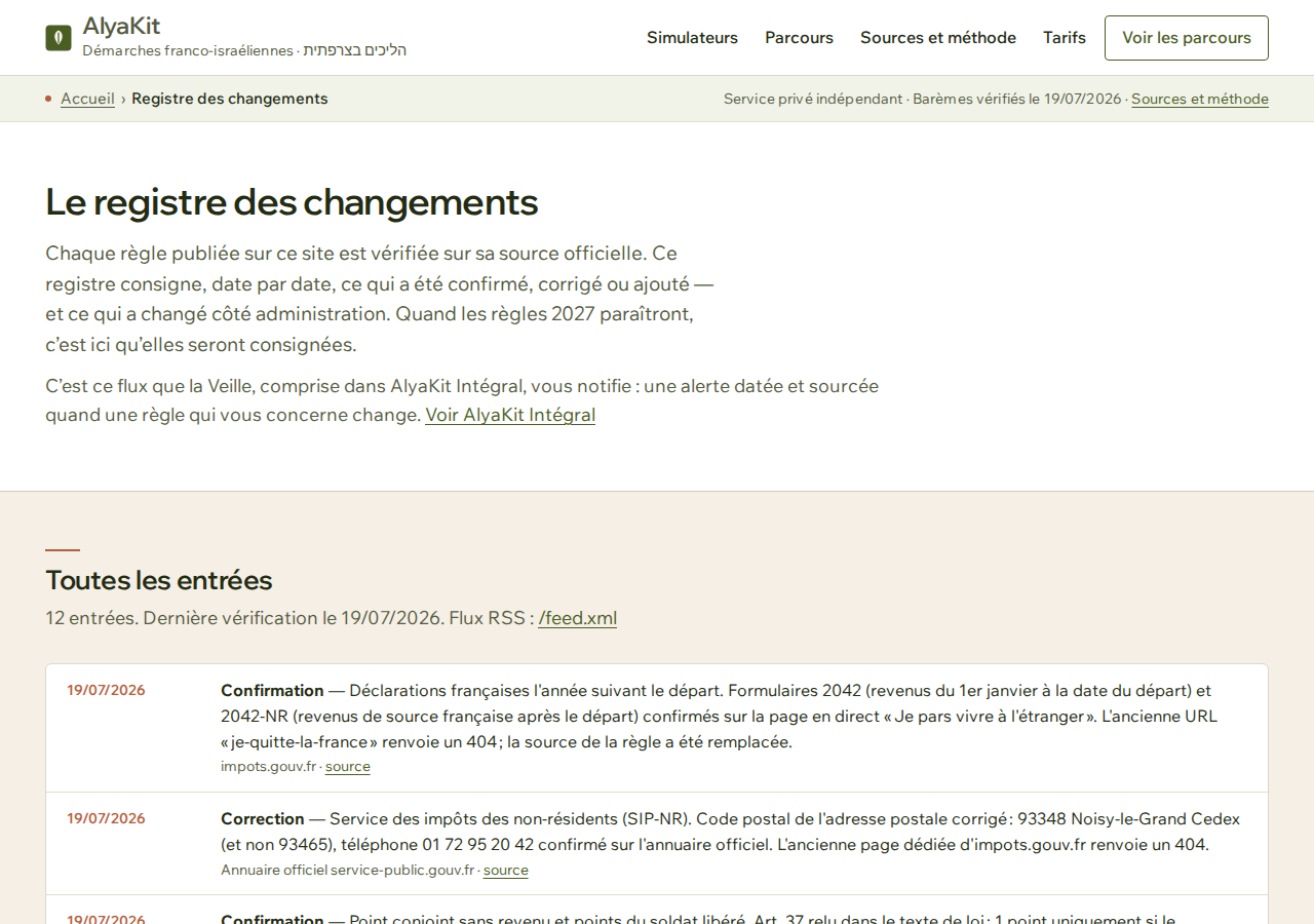 Registre des changements — 12 entrées datées et sourcées + RSS