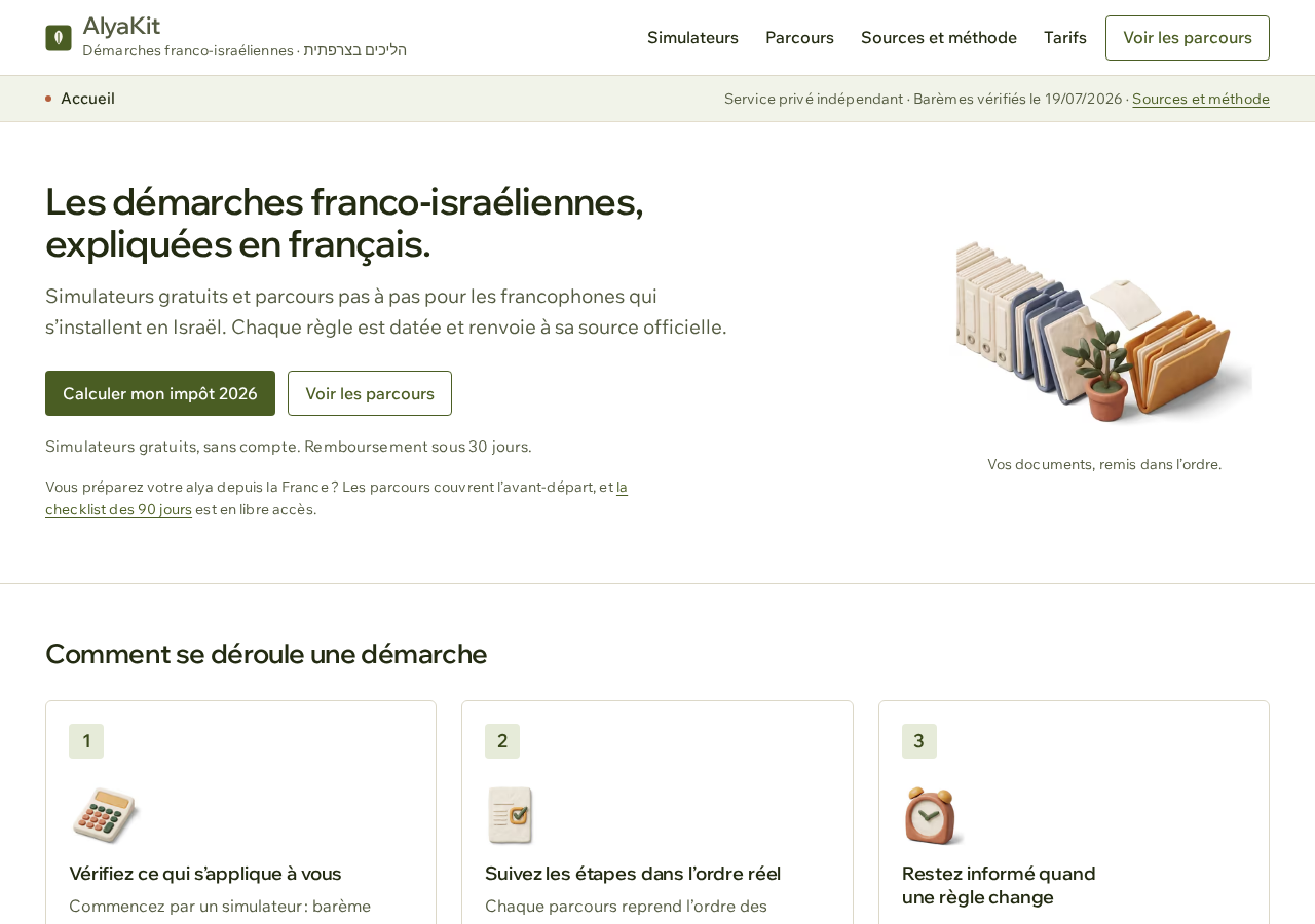Home AlyaKit — light mode, direction guichet, sous-titre hébreu, zéro emoji