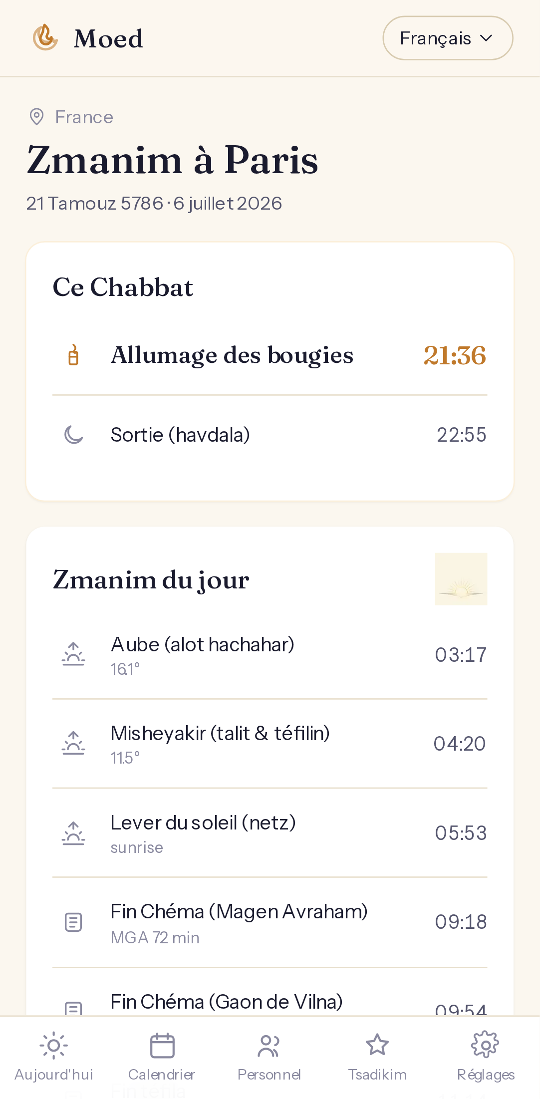 Zmanim par ville — horaires calculés
